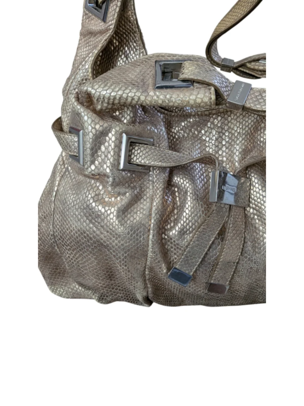 Michael Kors 'Carey Large' snake-embossed metallic leather shoulder tote.